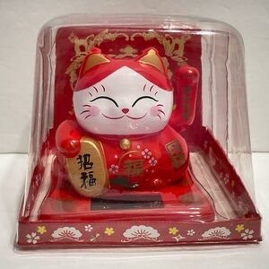 Solar Lucky Cat Waving Arm Solar Toy-Red (招福）4” Tall,New!